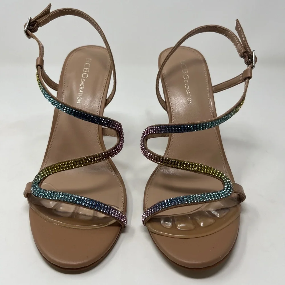 NWOT. BCBG Tan Rainbow Strap Heel Sandals Size 8
